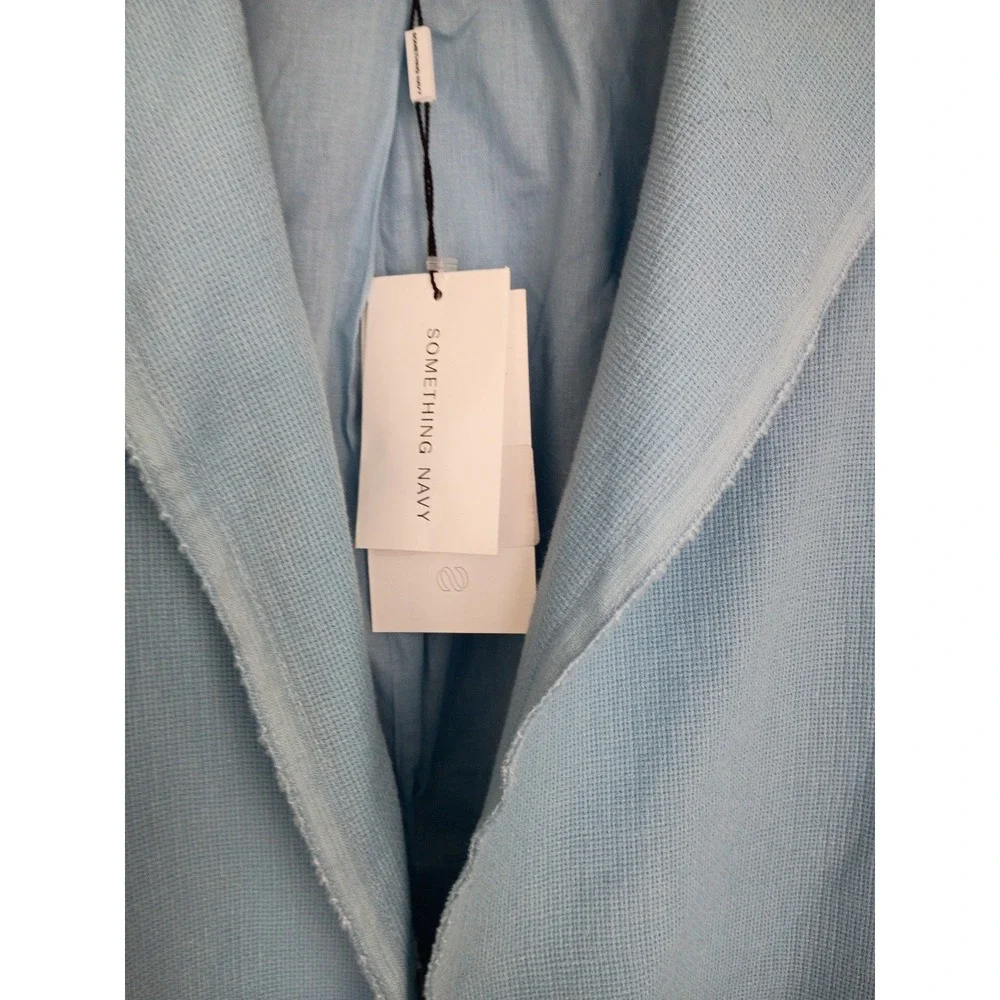 NWT SOMETHING NAVY Blue Linen Cotton Puff Shouldr Raw Edge Blazer XS PTP 32 $195